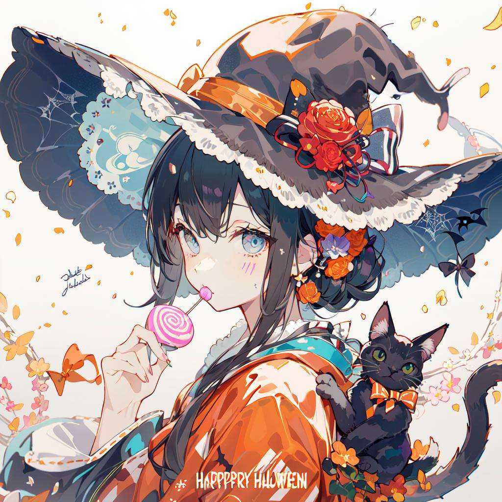 (masterpiece:1.2), best quality,PIXIV,Sweet girl portrait,1girl, lollipop, food, bow, candy, striped bow, hat, flower, halloween, hair ornament, solo, japanese clothes, witch hat, striped, holding candy, kimono, looking at viewer, holding lollipop, happy halloween, cat, holding, rose, black cat, spider web, bangs, signature, black headwear, silk, holding food, sash, hair flower, bat (animal), upper body, obi, facial mark, animal, hat bow, grey hair, blue eyes, orange bow, jack-o'-lantern, black bow, heart, english text, wide sleeves, grey background, hair bow, white bow, looking back <lora:Sweet girl portrait_20231030170647-000018:0.8>