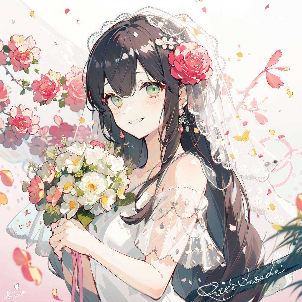 (masterpiece:1.2), best quality,PIXIV,Sweet girl portrait,1girl, solo, flower, veil, bouquet, dress, smile, pink flower, brown hair, holding, holding bouquet, wedding dress, bridal veil, looking at viewer, blush, bare shoulders, white dress, grin, signature, off shoulder, hair ornament, petals, grey eyes, rose, upper body, pink rose, white background, off-shoulder dress, branch, hair flower, white flower, bangs, bride, green eyes, collarbone <lora:Sweet girl portrait_20231030170647-000018:1>