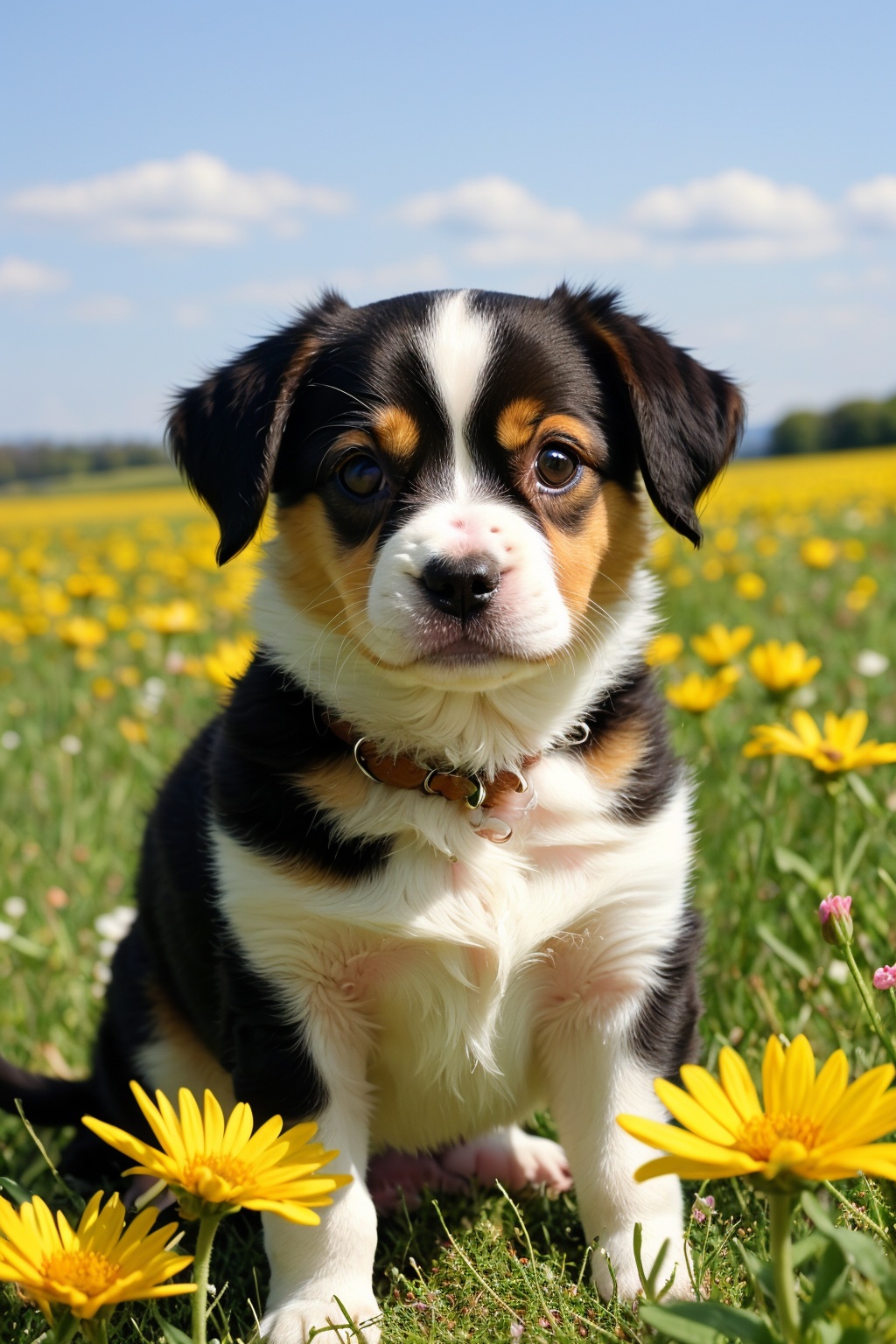 a photo of a cute little puppy surrounded by beautiful flowers in a meadow,  extremely detailed fur by Shopon_skp on Tenso...