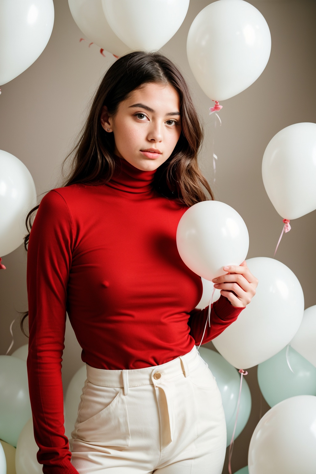 fashion portrait photo of beautiful young woman from the 60s wearing a red turtleneck standing in the middle of a ton of w...