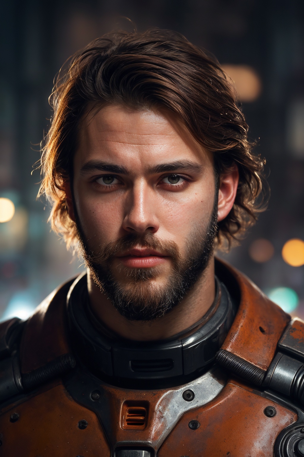 close up Portrait photo of muscular bearded guy in a worn mech suit,  ((light bokeh)),  intricate by Shopon_skp on Tensor.Art