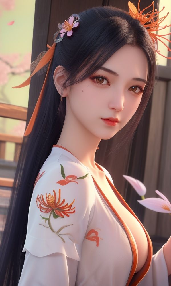 (,1girl, ,best quality, )<lora:DA_南宫夕儿-少年歌行:0.6>, ,masterpiece, fantasy, realistic,science fiction,mole, ultra realistic 8k cg, ,tamari \(flawless\),  large breasts  ,orange blossoms, spider lily, lily \(flower\),cherry blossoms,plum blossoms, strawberry blossoms      upper body, (),