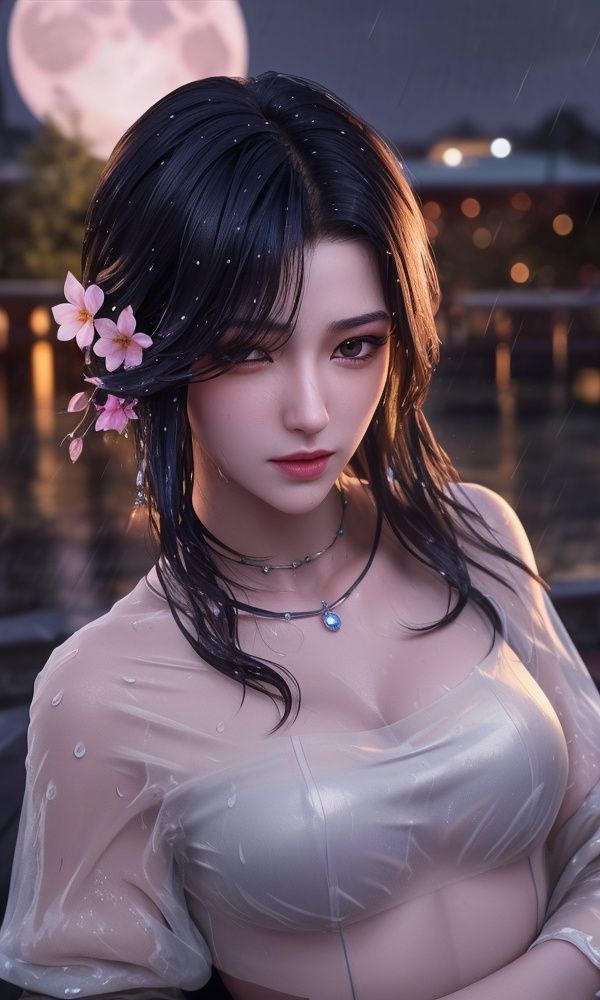 (,1girl, ,best quality, )<lora:DA_夜未央-神印王座:0.8>, ,ultra realistic 8k cg, flawless,  tamari \(flawless\), professional artwork, famous artwork, cinematic lighting, cinematic bloom, perfect face, beautiful face, fantasy, dreamlike, unreal, science fiction,  luxury, jewelry, diamond, pearl, gem, sapphire, ruby, emerald, intricate detail, delicate pattern, charming, alluring, seductive, erotic, enchanting, hair ornament, necklace, earrings, bracelet, armlet,halo,masterpiece, fantasy, realistic,science fiction,mole,  medium breasts,cherry blossoms,wet clothes,lace, lace trim,   lace-trimmed legwear,(((Best quality, masterpiece, ultra high res, (photorealistic:1.4), raw photo, 1girl, wet clothes, rain, sweat, ,wet, night, moon,  )))  ((())), (),