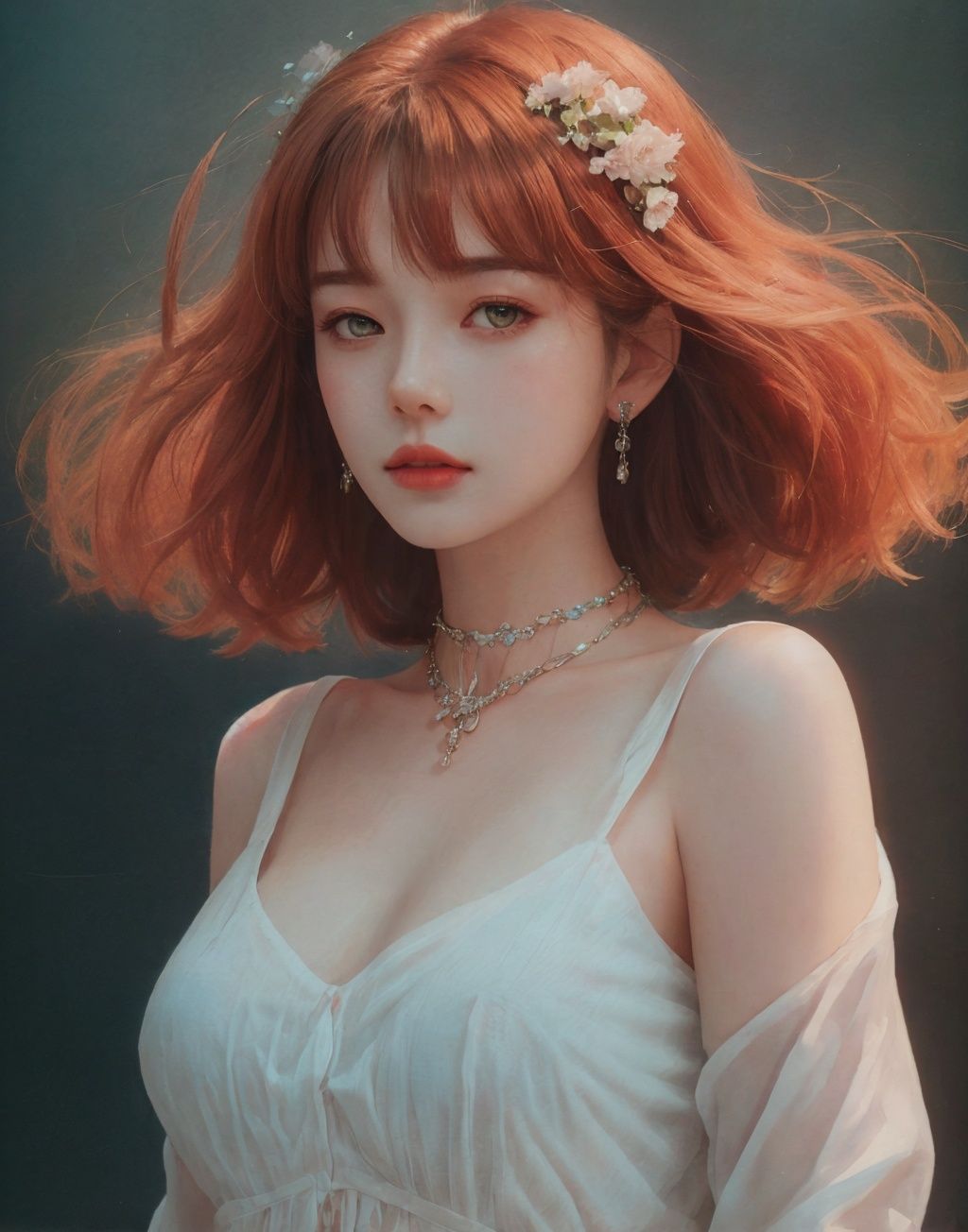 oil painting of a woman (hugan an orange cat),  lying,  detailed painting inspired by Charlie Bowater on Tensor.Art