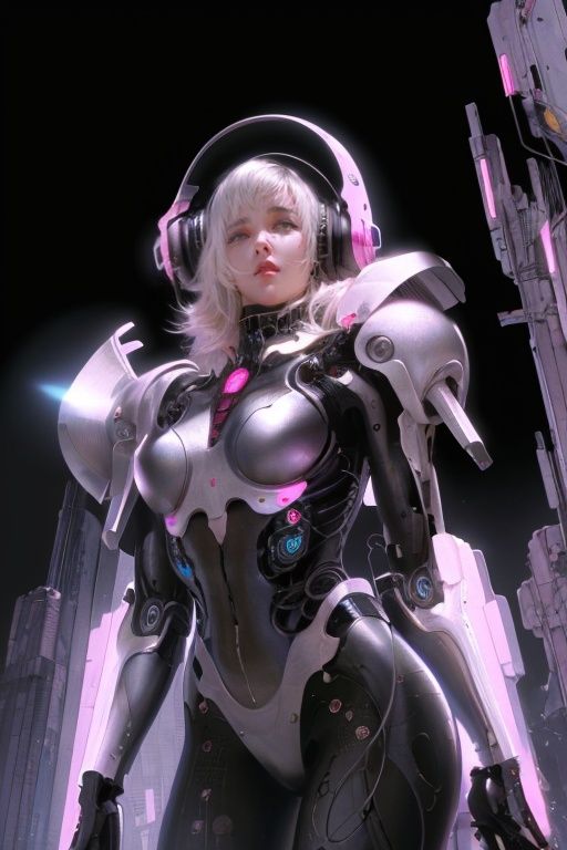 Artgerm,stanley artgerm lau,cyberpunk art,retrofuturism,hand held microphone,a woman with white hair and headphones,exquisite armor,wearing pink armor,black_background,self-luminous,futurism armor,<lora:游戏概念:0.8>,pink future armor,up to waist close-up,