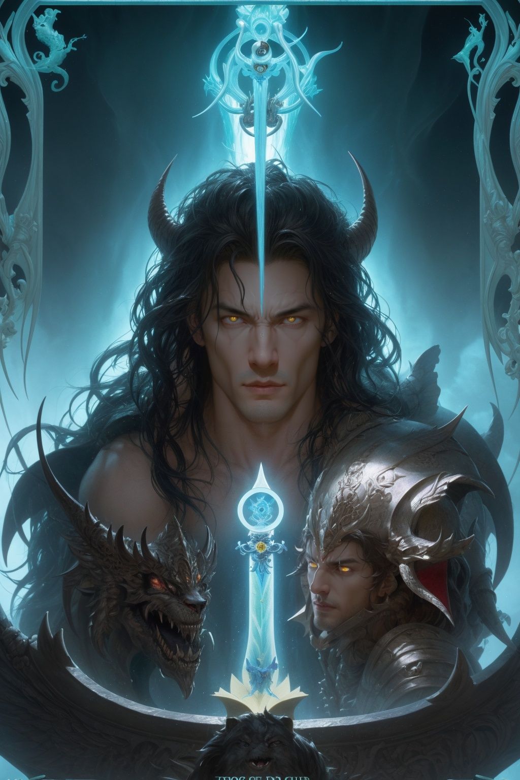 <lora:游戏概念6:0.6>,masterpiece,best quality,1boy,solo,8K,HDR,a man wearing demon armor,holding a trident in hand,treading on the three headed dog of hell,behind it is the mercaba logo, emitting a faint blue light,looking at the camera seriously,as a tarot card,ruan jia movie poster,heise-lian yan fang,olchas logan cure liang xing,hades,concept art | feng zhu,fantasy book cover,the star tarot card,metatron,tarot card the chariot,dark fantasy character design,knight of cups,lobo,louis royo,epic fantasty card game art,portrait of hades,dark fantasy sci fi,