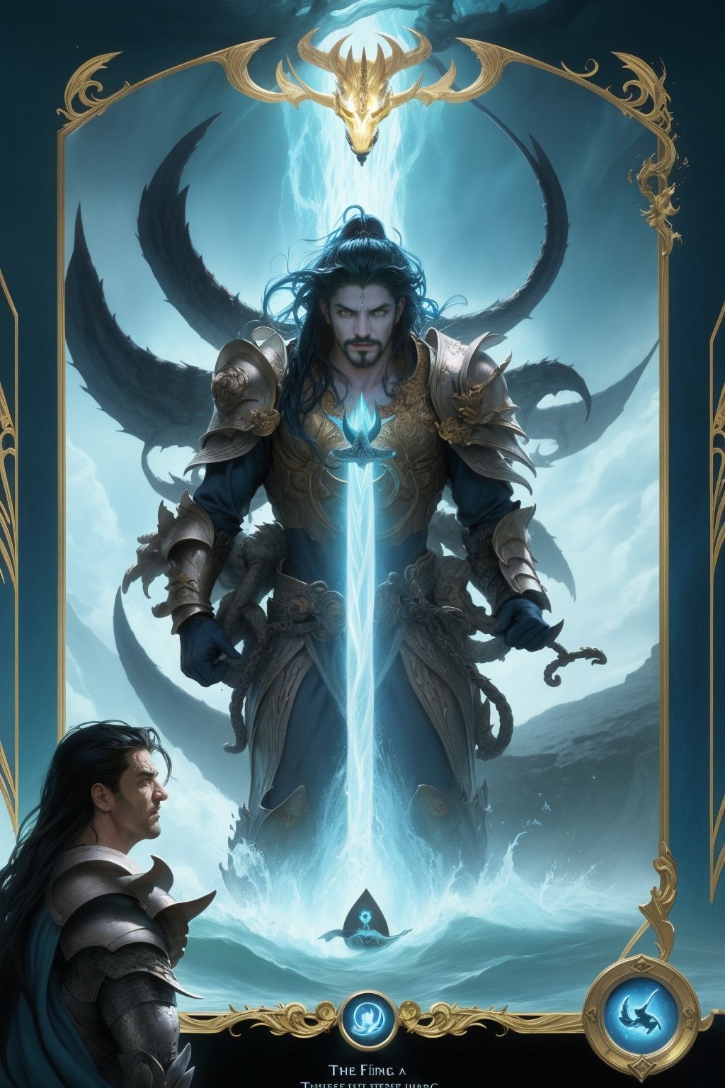 <lora:游戏概念7:0.5>,masterpiece,best quality,1boy,solo,8K,HDR,a man wearing demon armor,holding a trident in hand,treading on the three headed dog of hell,behind it is the mercaba logo, emitting a faint blue light,looking at the camera seriously,as a tarot card,ruan jia movie poster,heise-lian yan fang,olchas logan cure liang xing,hades,concept art | feng zhu,fantasy book cover,the star tarot card,metatron,tarot card the chariot,dark fantasy character design,knight of cups,lobo,louis royo,epic fantasty card game art,portrait of hades,dark fantasy sci fi,