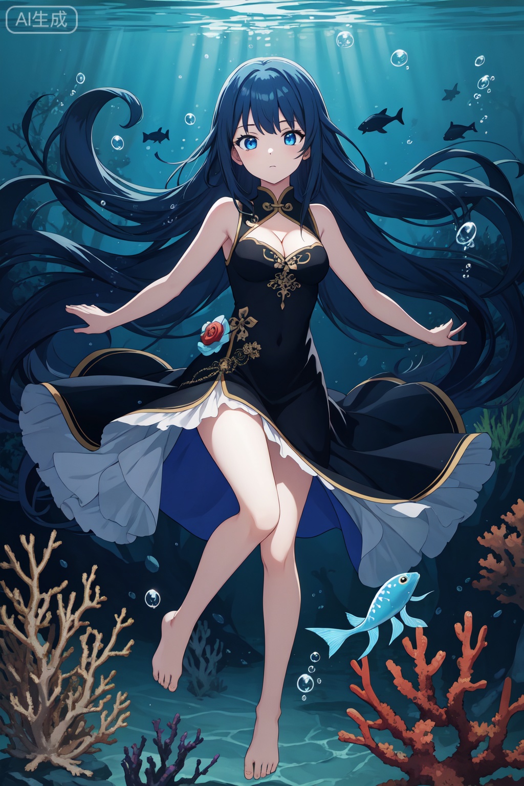 masterpiece), (best quality),(illustration), ((chinese colorful ink)),wide shot, best quality, epic scenes, impactful visuals, 1girl, long hair, dress, underwater, solo, barefoot, black dress, very long hair, breasts, blue hair, blue eyes, jellyfish, cleavage, bubble, looking at viewer, bangs, coral, bare legs, sleeveless, full body, medium breasts, air bubble, fish,Anime, fantasy, magic