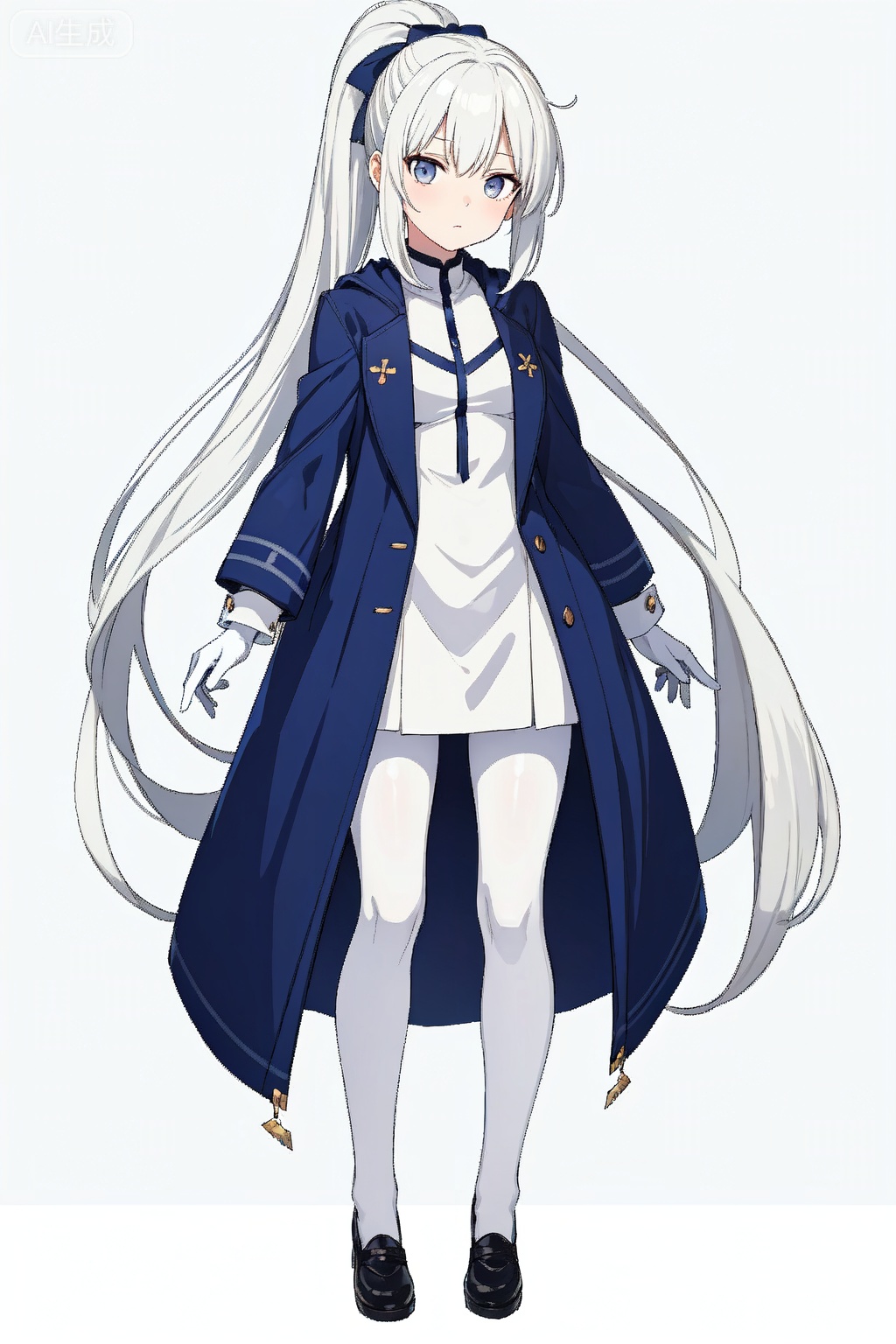 1 girl, alone, white hair, long hair, (grey eyes), ((ordinary girl)),   (A calm expression), breeze, ((bestquality)),((masterpiece)),C cup,grey lining, long sleeves, narrow sleeves,blue decoration,blue coat,(Mary Jane Shoes),white background,(High ponytail),(White pantyhose),full body,white gloves,legging in,front
