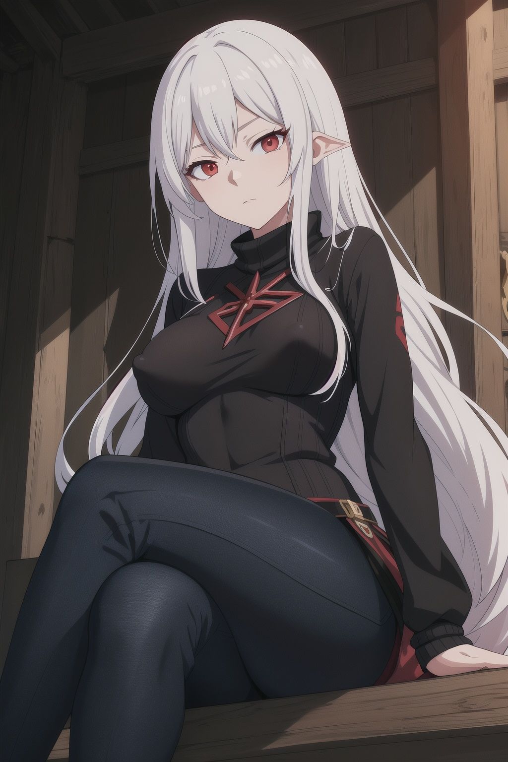  anime, fantasy, magic, fairytale, nipples, medium breasts, crossed legs, covered nipples, barn, long white hair red eyes, black sweater, solo, red colored inner hair, jeans, atey ghailan , atey ghailan , hasselblad