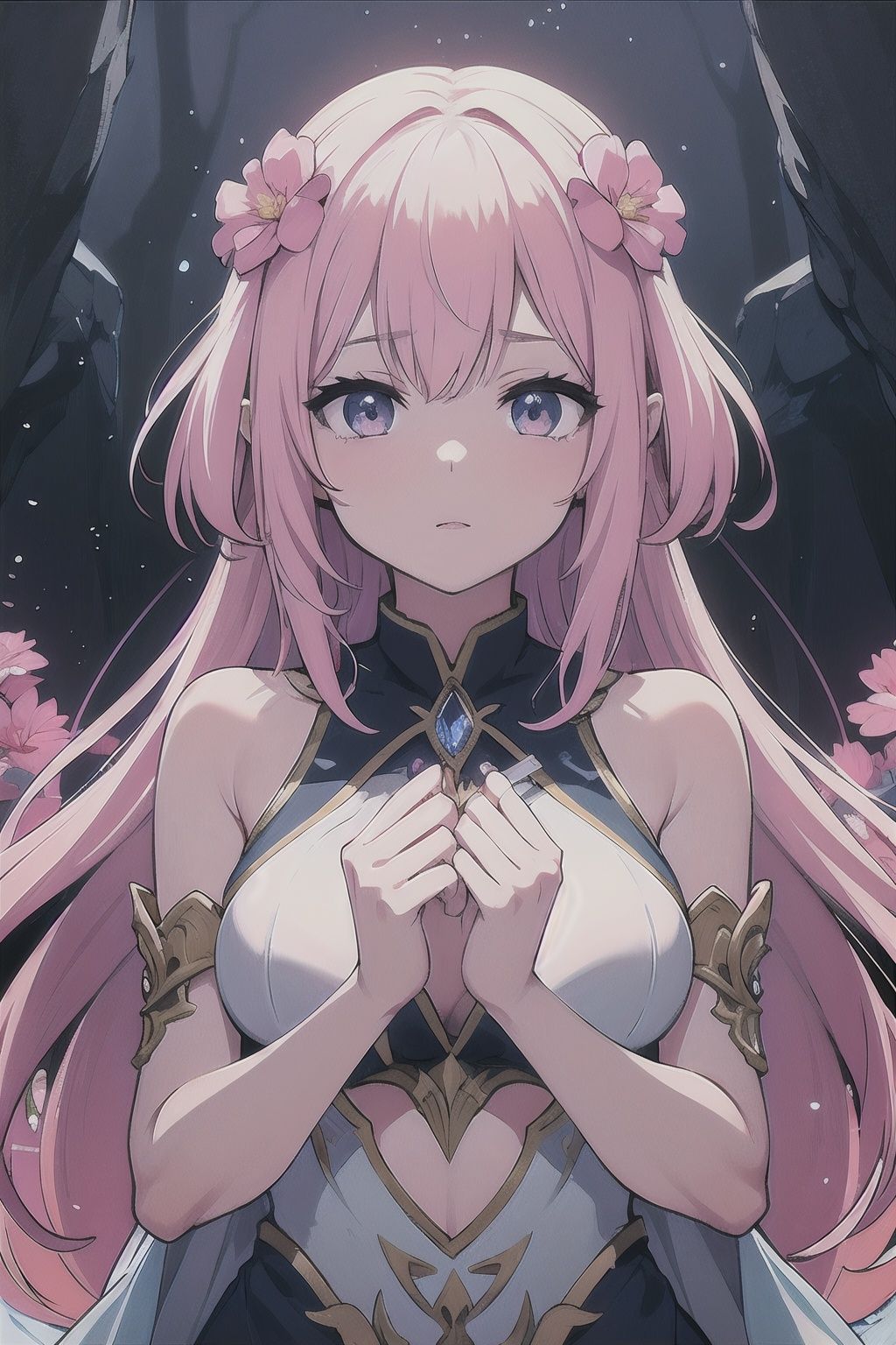  Anime, fantasy, magic, fairy tales, women,(bare shoulders:0.85),1girl,Glowing ambiance,enchanting radiance,luminous lighting,ethereal atmosphere,mesmerizing glow,evocative hues,captivating coloration,dramatic lighting,enchanting aura,masterpiece,best quality,1girl,upper body,girl with a weak temperament,(epic cinematic),soft nature lights,rim light,absurd,amazing,funny,itricate,hyper detailed,pink flowers,soft colors,