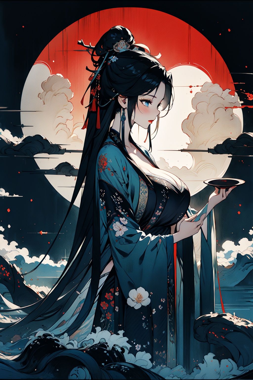  masterpiece,best quality,extremely detailed 8K wallpaper,1girl,chang,long sleeves,huge breasts,((moon)),starry sky,(lighting particle),fog,snow,(bloom), qingsha, girl,Perfect body, gf-hd, Chinese style, Chinese ink painting