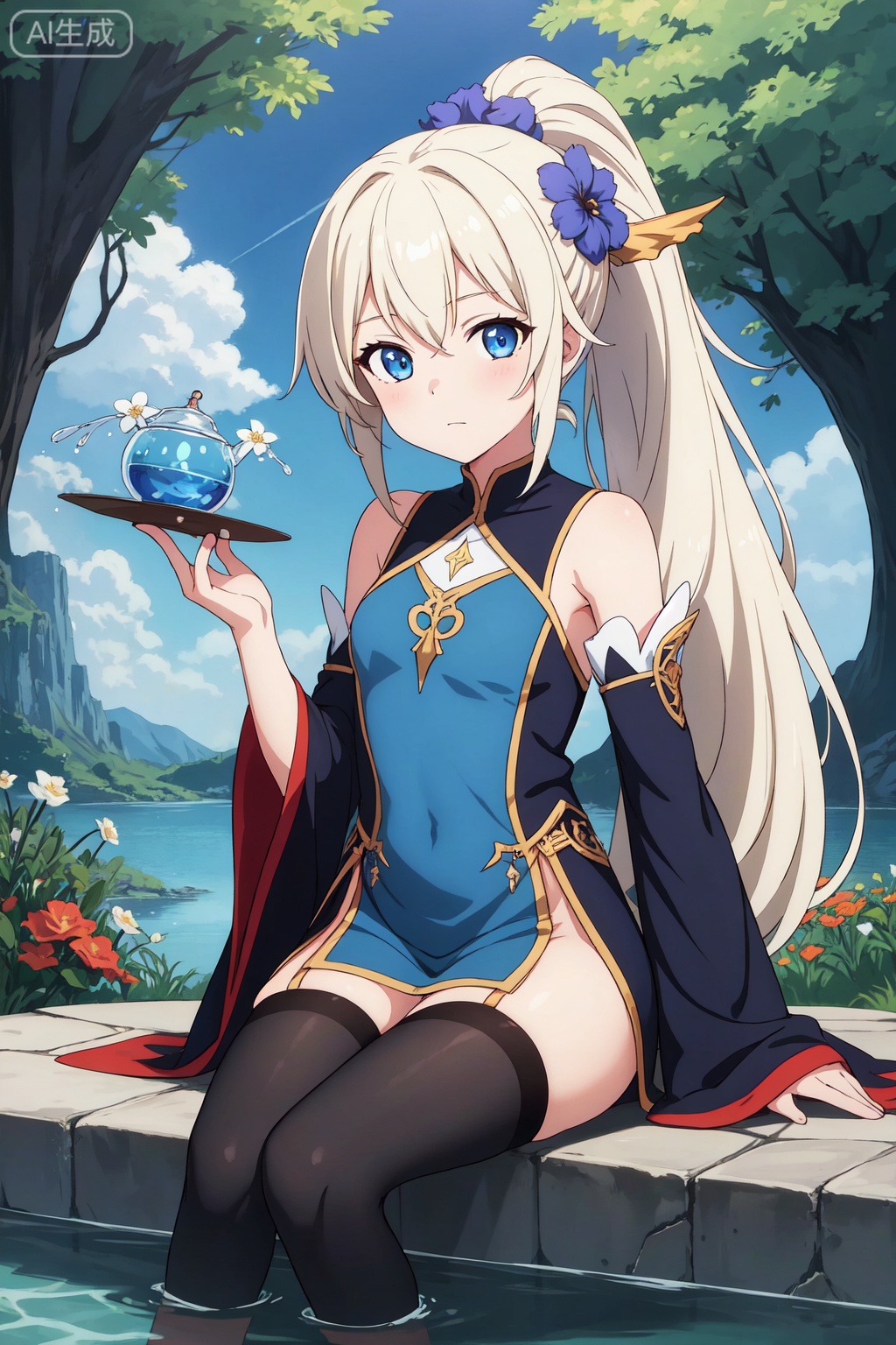 1girl, solo, sitting, long hair, flower, ponytail, looking at viewer, thighhighs, blue eyes, water, detached sleeves, wide sleeves,Anime, fantasy, magic