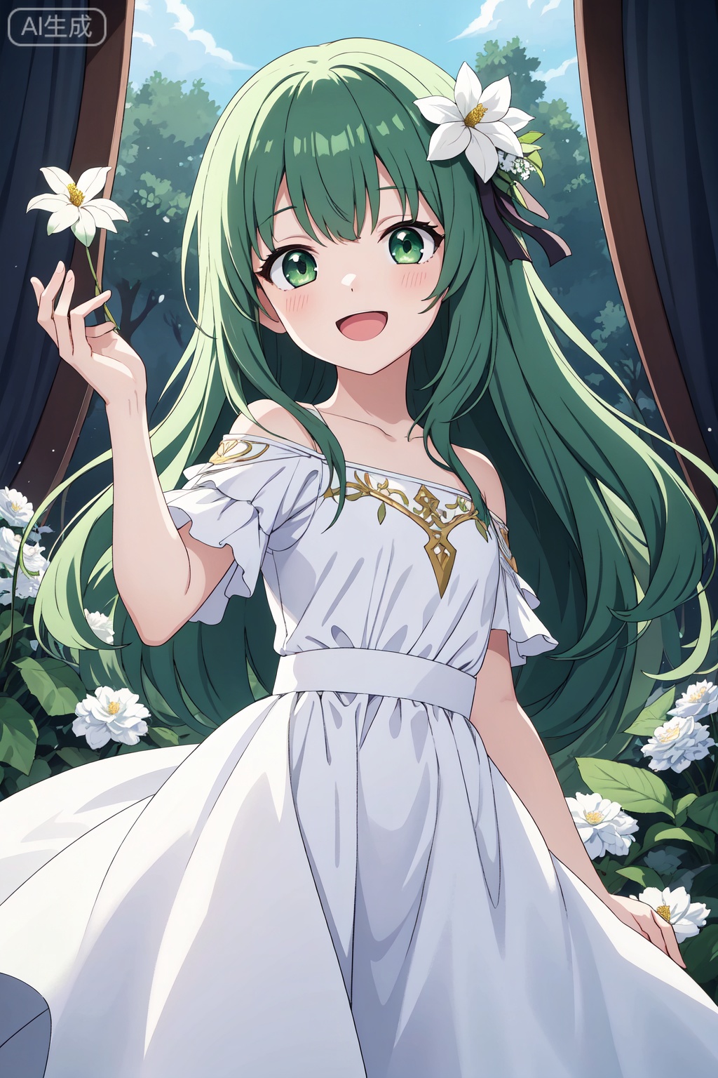(best quality),(masterpiece),1girl, flower,white dress, solo, green hair, long hair, smile, open mouth, looking at viewer, bangs, white flower, green eyes,Anime, fantasy, magic