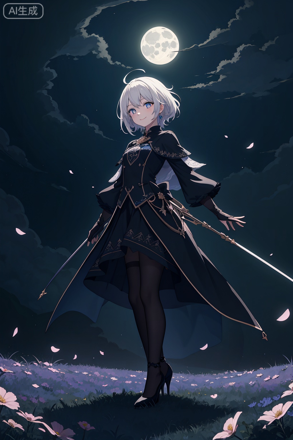  tutututu, high heels, full body, masterpiece, best quality, 1girl, (colorful),(delicate eyes and face), volumatic light, ray tracing, bust shot ,extremely detailed CG unity 8k wallpaper,solo,smile,intricate skirt,((flying petal)),(Flowery meadow) sky, cloudy_sky, moonlight, moon, night, (dark theme:1.3), light, fantasy, windy, magic sparks, dark castle,white hair,Anime