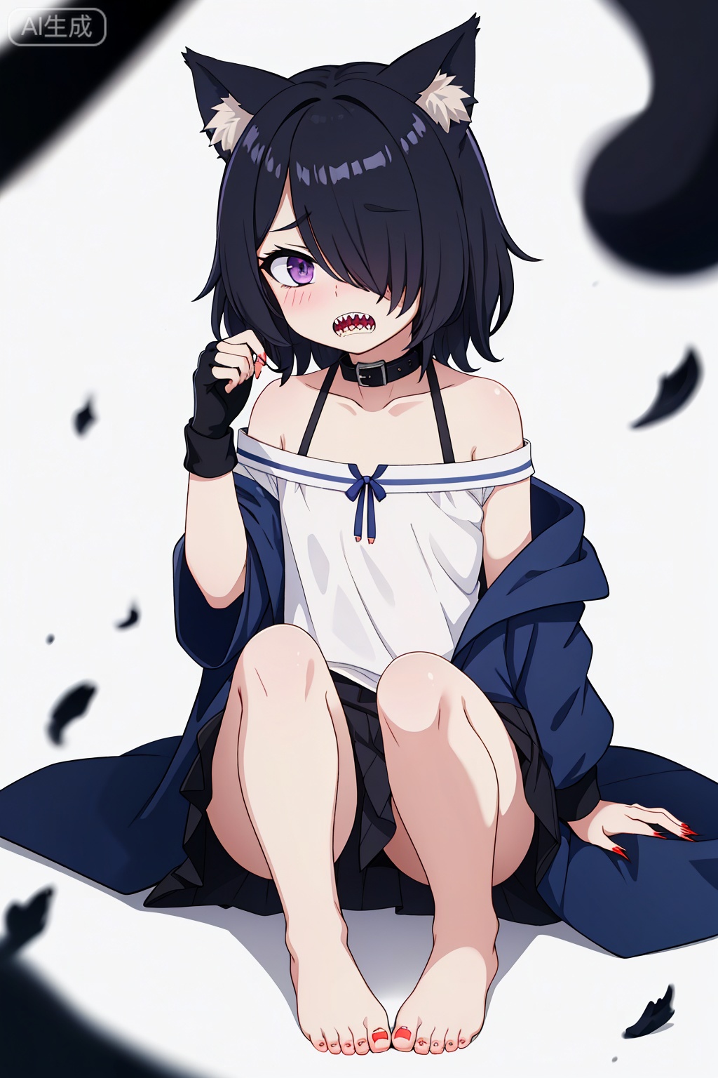  High quality, masterpiece, original, full body, character design,Pure white background,
Solo, wolf ear fluff, wolf ear, Medium hair, hair over one eye, Dark Black_hair, Messy hair, Swept bands, hair over one eye, Asymmetric bands, big eyes, purple eyes, powder blusher, flat chest, small stature, Clawed hand, delicate claws, sharp teeth, ferocity, anger,
Grey blue half open trench coat, hoodie, fingerless gloves, white collarless dress short skirt, Off shoulder, collar, bare feet, bare legs,
Giant claw marks, injured,