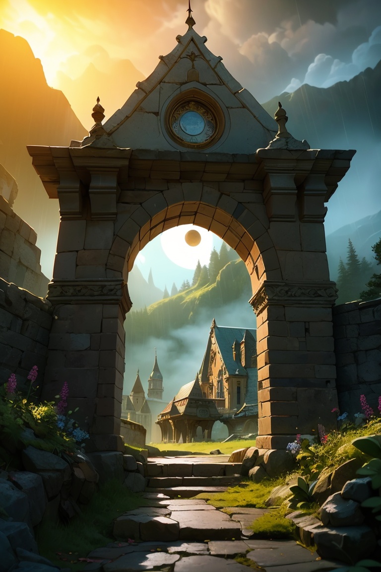 A forbidden castle high up in the mountains,  castle with towering turrets,  hidden behind thick mist on Tensor.Art