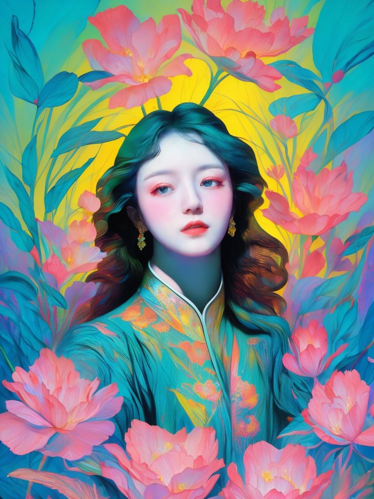Best Quality, Masterpiece, Realism, HDR,UHD,8K, Ice Crystal texture Wings, Sea of Flowers, Dopamine colors, Psychedelic art, Fantasy Art, Ambient Light, Absurd Absurd, Official style, Tarot Cards. Huge flowers. No one. <lora:撞色-000019:0.8> 