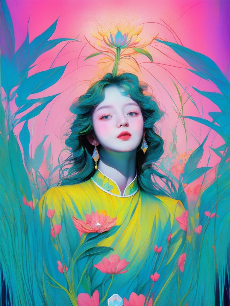 Best quality, Masterpiece, Realism, HDR,UHD,8K, Ice Crystal Texture Wings, Sea of Flowers, Dopamine Colors, Gem Blue and Gem Green, Psychedelic Art, Fantasy Art, Ambient Light, Absurd Absurdity, Official Style, Tarot Cards. Huge flowers. Not a single person.. <lora:撞色-000019:0.8> 