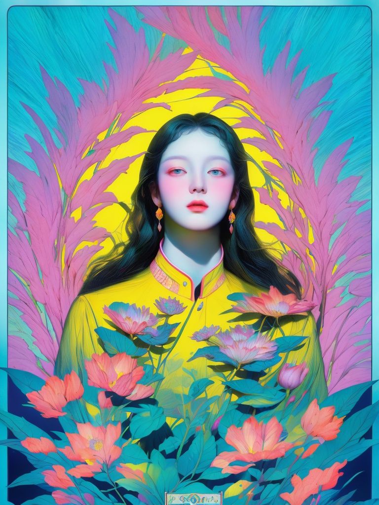 Best Quality, Masterpiece, Realism, HDR,UHD,8K, Ice Crystal texture Wings, Sea of Flowers, Dopamine colors, Psychedelic art, Fantasy Art, Ambient Light, Absurd Absurd, Official style, Tarot Cards. Huge flowers. No one. <lora:撞色-000019:0.8>