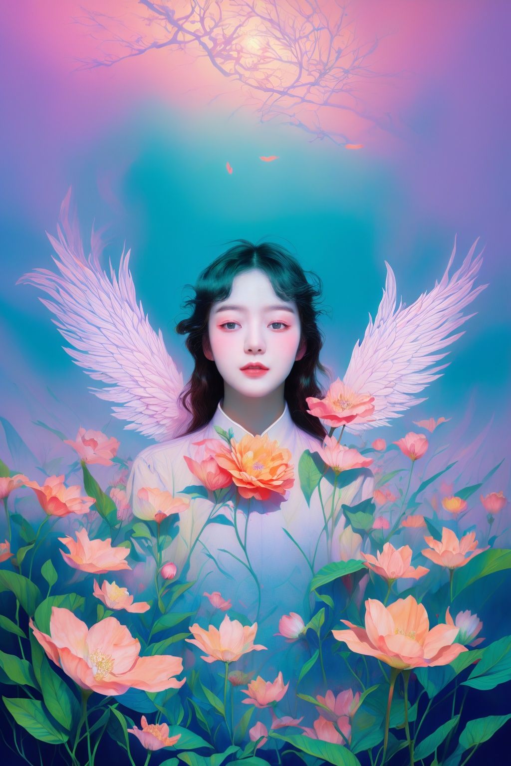 best quality,masterpiece,realistic,HDR,UHD,8K,1girl,，ice crystal texture wings,flower ocean,peach blossom, pale purple,Psychedelia Art,fantasyArt,ambient_light,incredibly_absurdres,official_style,tarot。 <lora:撞色-000019:0.6>,Huge flowers.