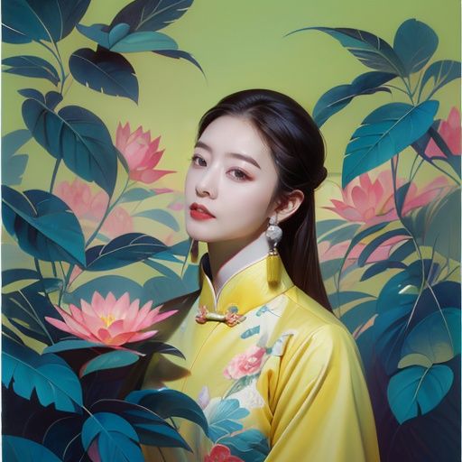 masterpiece,best quality,1girl,guohua,HDR,8K,chinese landscape painting,zhuangse,SOLO,dopamine color,chinese meticulous painting,pearls and jewels,earrings,plant,flower,levitate,<lora:撞色-000014:0.8>,