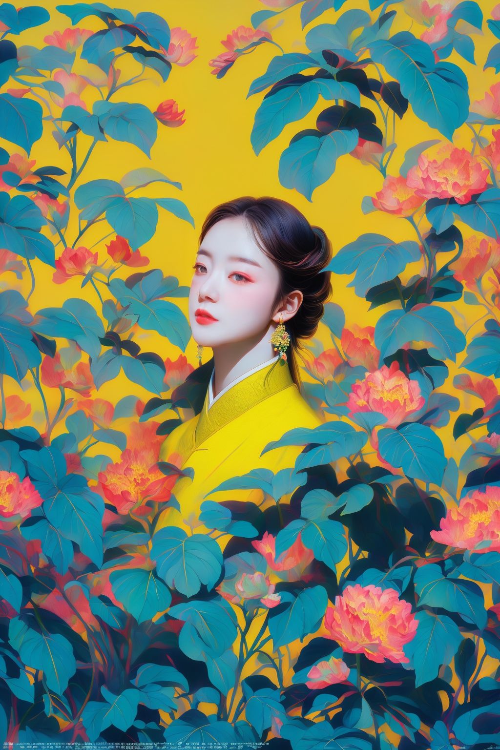 best quality,masterpiece,realistic,HDR,UHD,8K,1girl, <lora:撞色-000019:0.8> Plants, flowers, subtle colors, dopamine colors,The Old Shanghai Poster