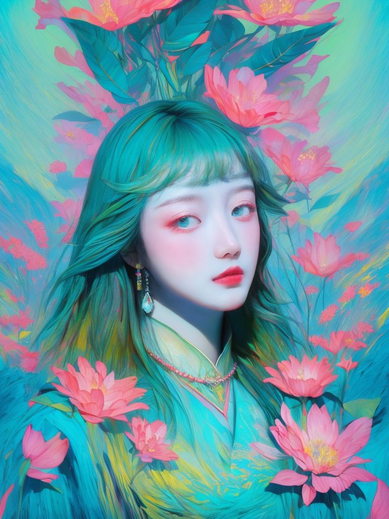 Best quality, Masterpiece, Realism, HDR,UHD,8K, Ice Crystal Texture Wings, Sea of Flowers, Dopamine Colors, Gem Blue and Gem Green, Psychedelic Art, Fantasy Art, Ambient Light, Absurd Absurdity, Official Style, Tarot Cards. Huge flowers. Not a single person.. <lora:撞色-000019:0.8> 