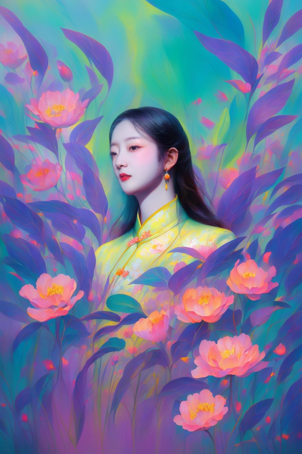best quality,masterpiece,realistic,HDR,UHD,8K,1girl,一个美丽的女孩站在花丛里面，漂浮在空中，穿着中国旗袍，ice crystal texture wings,flower ocean,peach blossom, pale purple,Psychedelia Art,fantasyArt,ambient_light,incredibly_absurdres,official_style,tarot。 <lora:撞色-000019:0.8> 