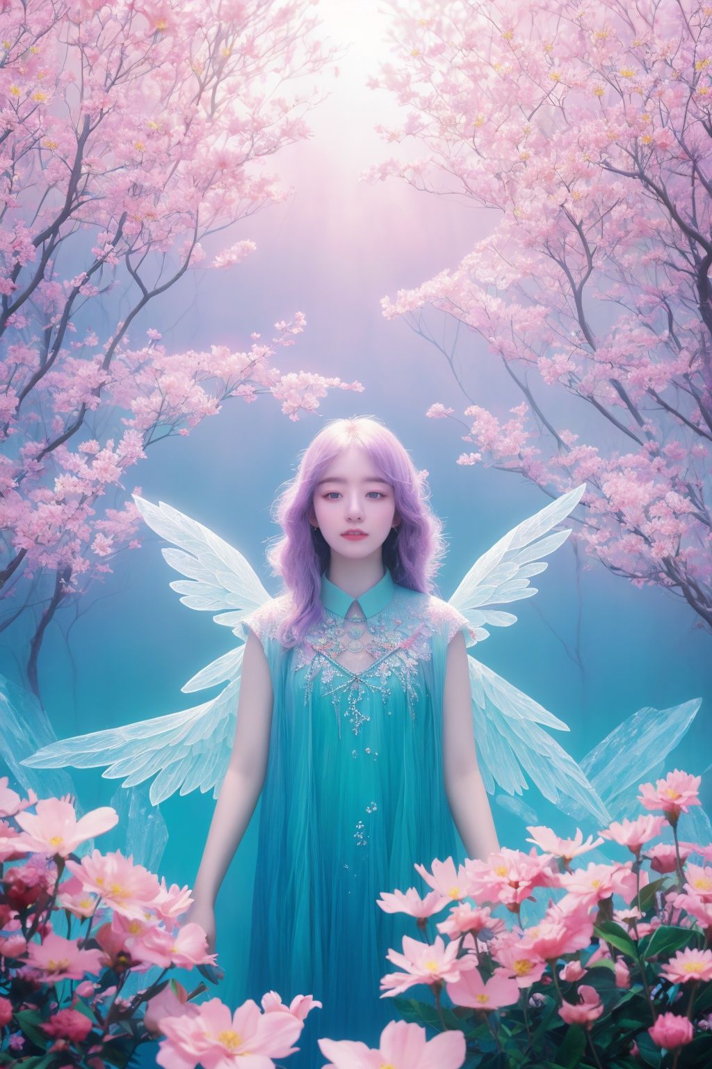 best quality,masterpiece,realistic,HDR,UHD,8K,1girl,，ice crystal texture wings,flower ocean,peach blossom, pale purple,Psychedelia Art,fantasyArt,ambient_light,incredibly_absurdres,official_style,tarot。 <lora:撞色-000019:0.4>,Huge flowers.