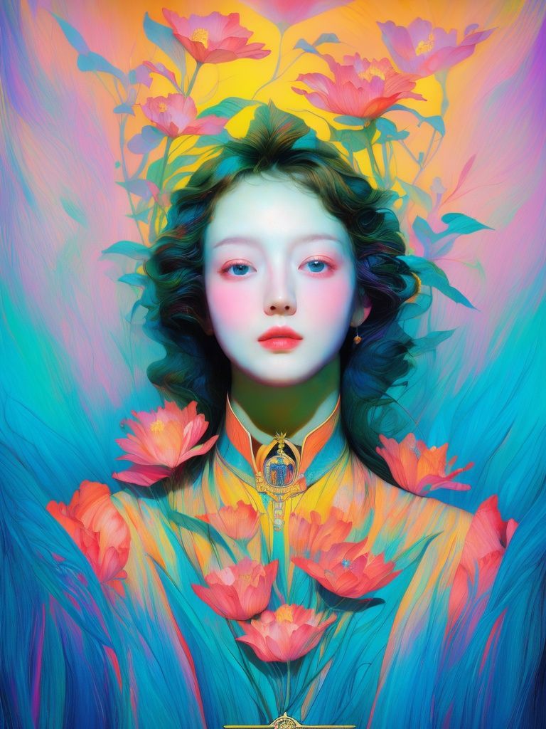 Best Quality, Masterpiece, Realism, HDR,UHD,8K, Ice Crystal texture Wings, Sea of Flowers, Dopamine colors, Psychedelic art, Fantasy Art, Ambient Light, Absurd Absurd, Official style, Tarot Cards. Huge flowers. No one. <lora:撞色-000019:0.8> 