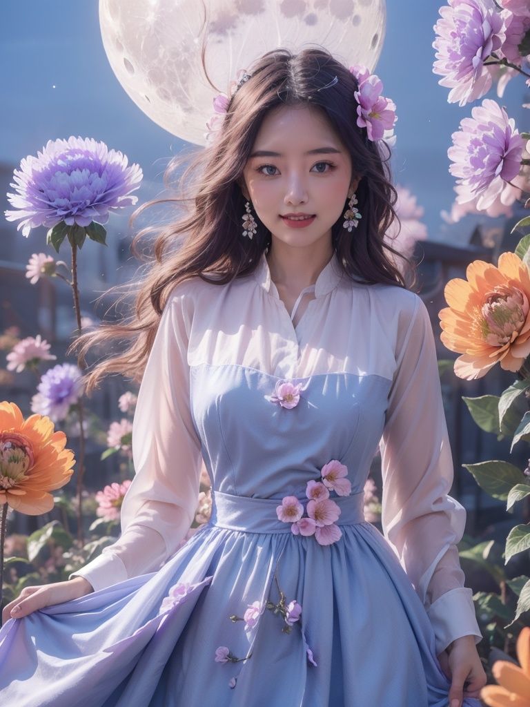 1girl,flower,blue dress,Huge flowers,moon