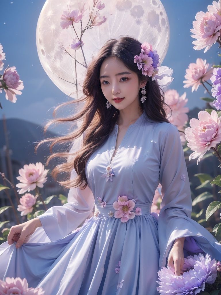 1girl,flower,blue dress,Huge flowers,moon