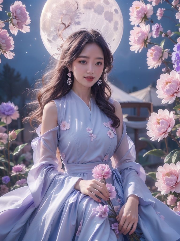 1girl,flower,blue dress,Huge flowers,moon