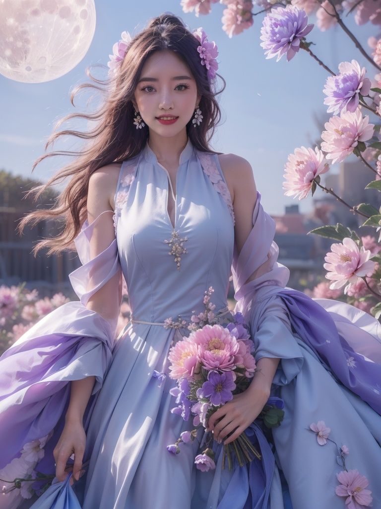 1girl,flower,blue dress,Huge flowers,moon