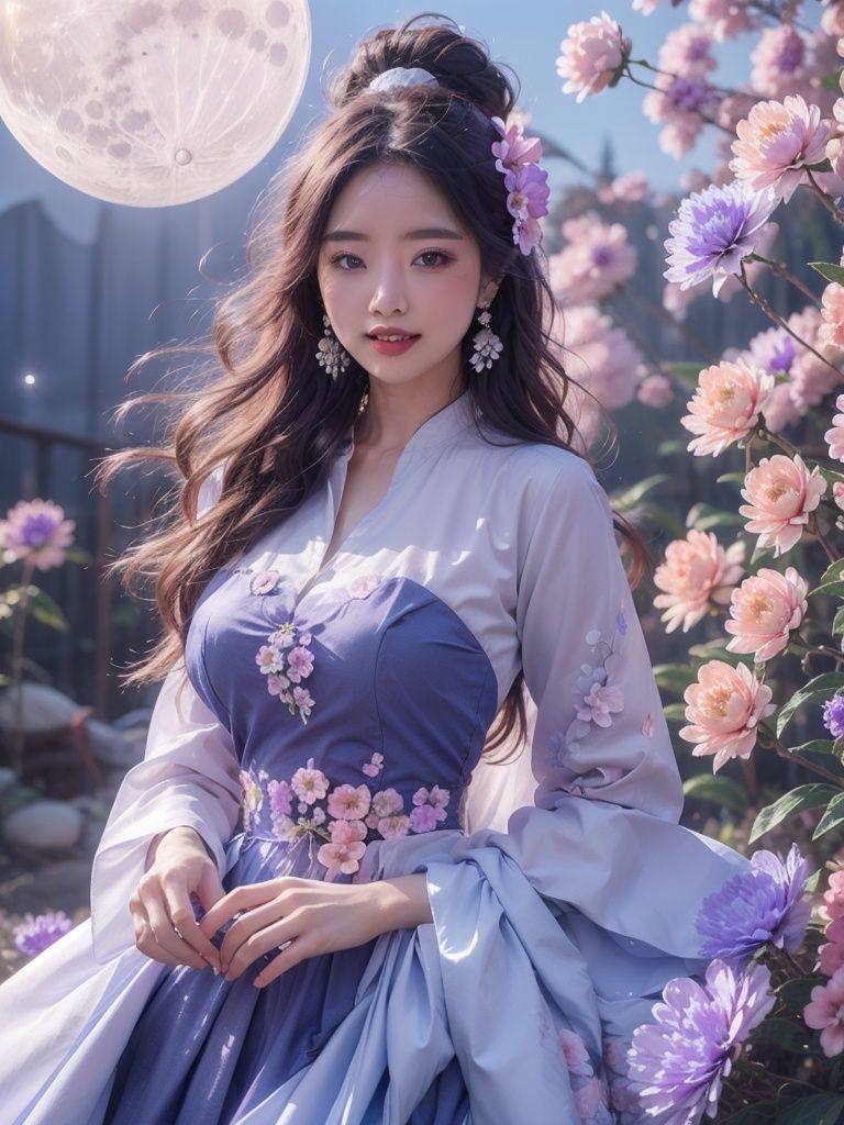 1girl,flower,blue dress,Huge flowers,moon