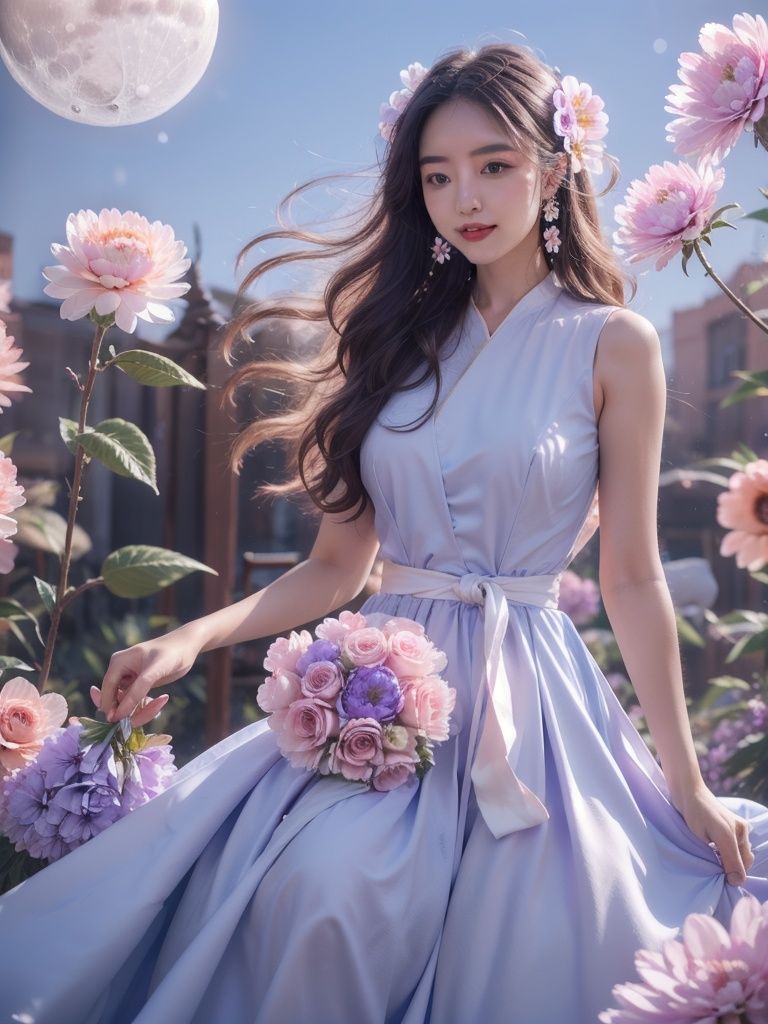 1girl,flower,blue dress,Huge flowers,moon