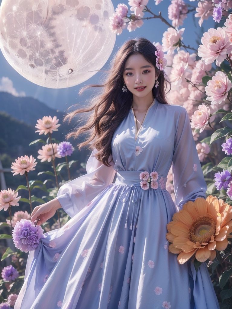 1girl,flower,blue dress,Huge flowers,moon