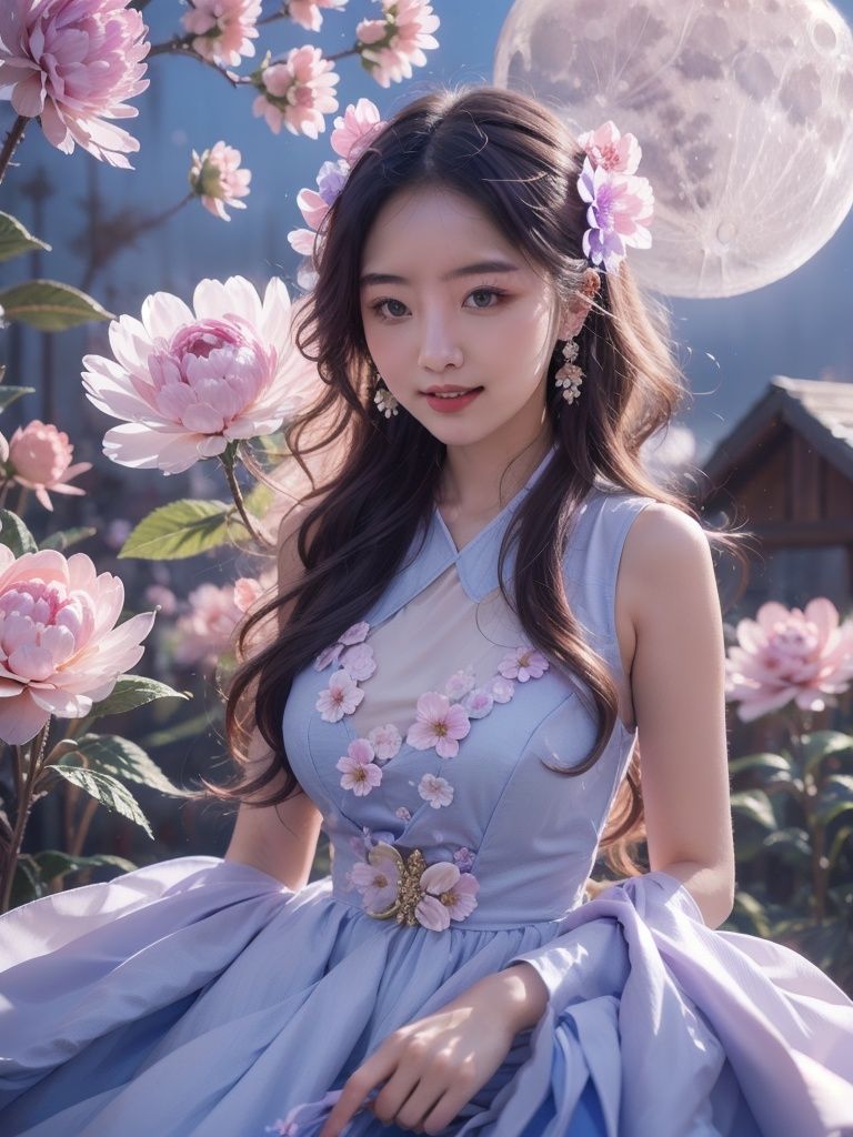 1girl,flower,blue dress,Huge flowers,moon