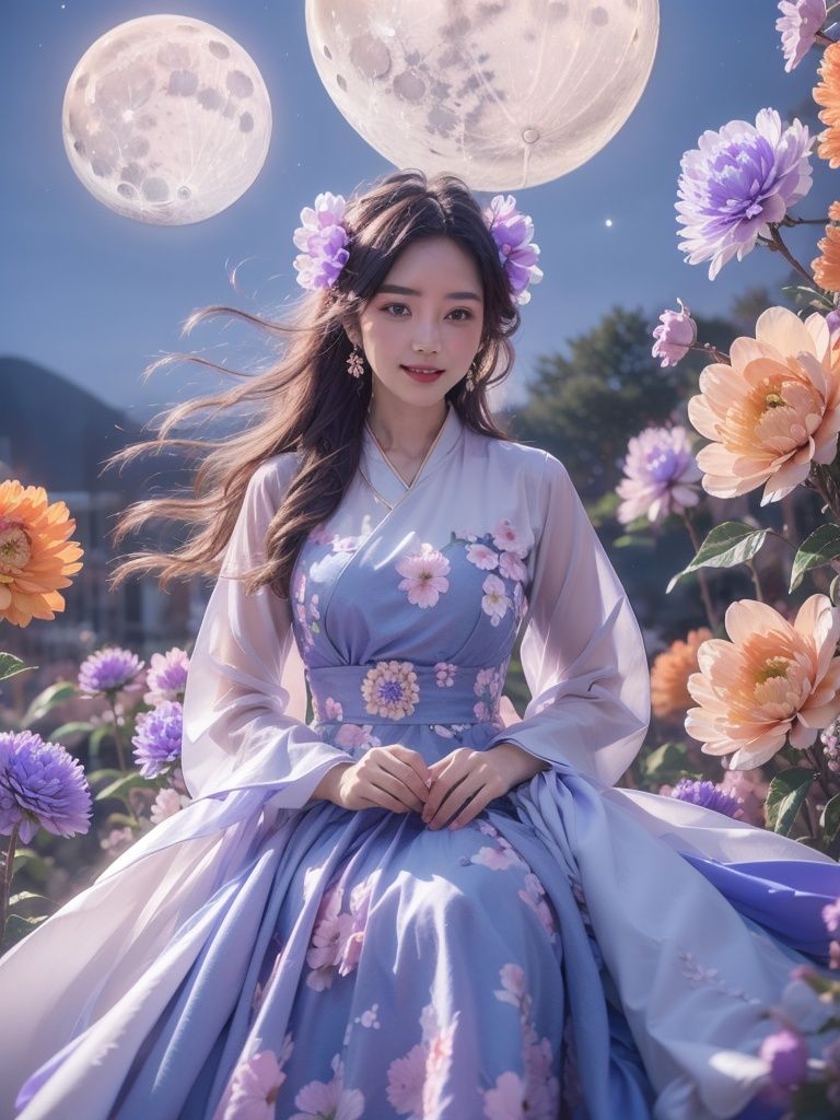 1girl,flower,blue dress,Huge flowers,moon