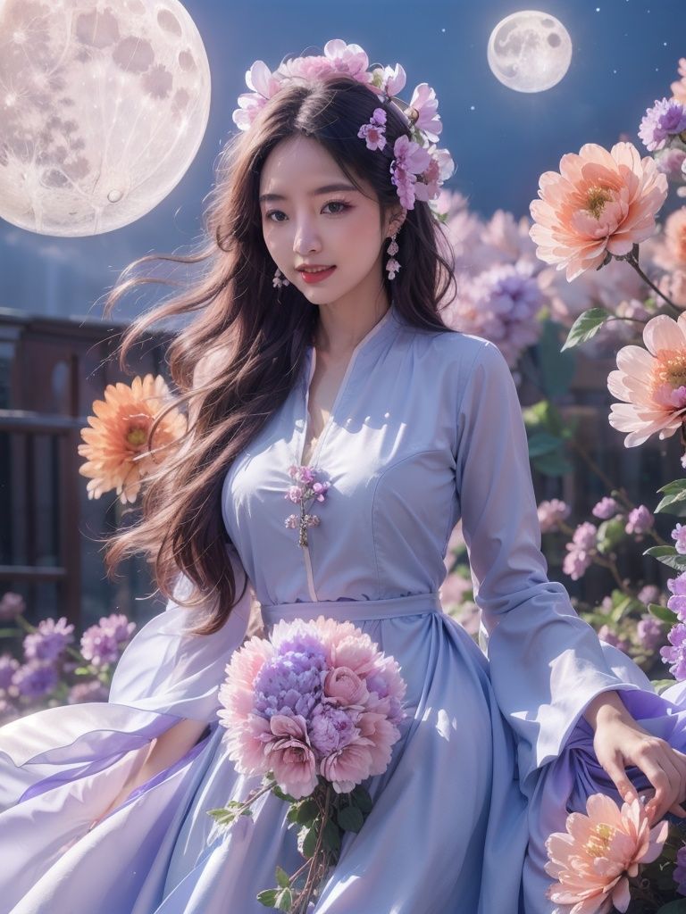 1girl,flower,blue dress,Huge flowers,moon