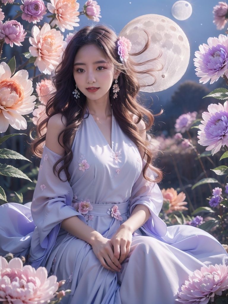 1girl,flower,blue dress,Huge flowers,moon