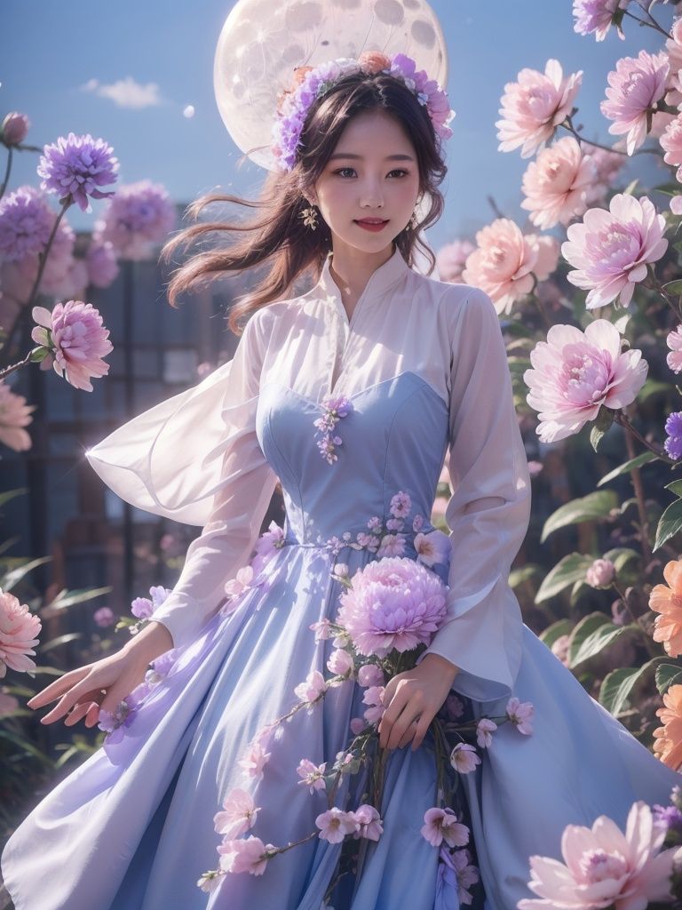 1girl,flower,blue dress,Huge flowers,moon
