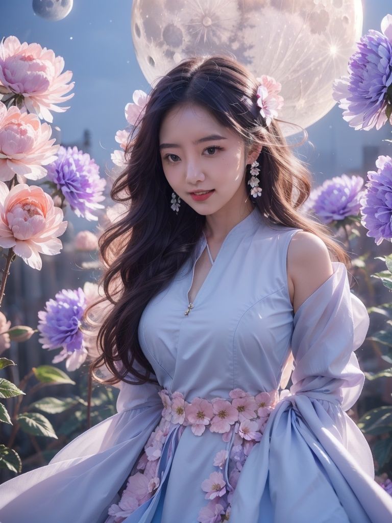 1girl,flower,blue dress,Huge flowers,moon