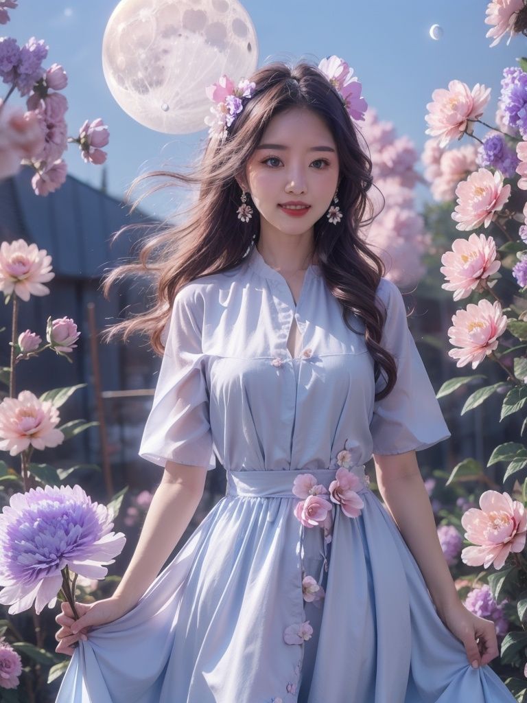 1girl,flower,blue dress,Huge flowers,moon