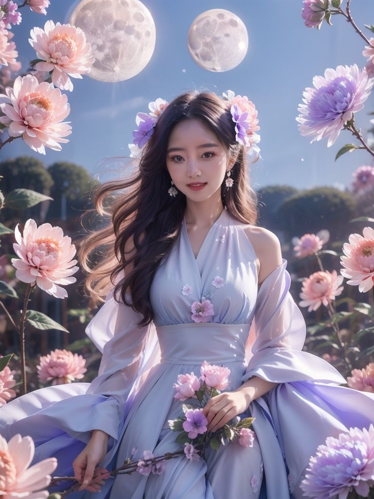 1girl,flower,blue dress,Huge flowers,moon