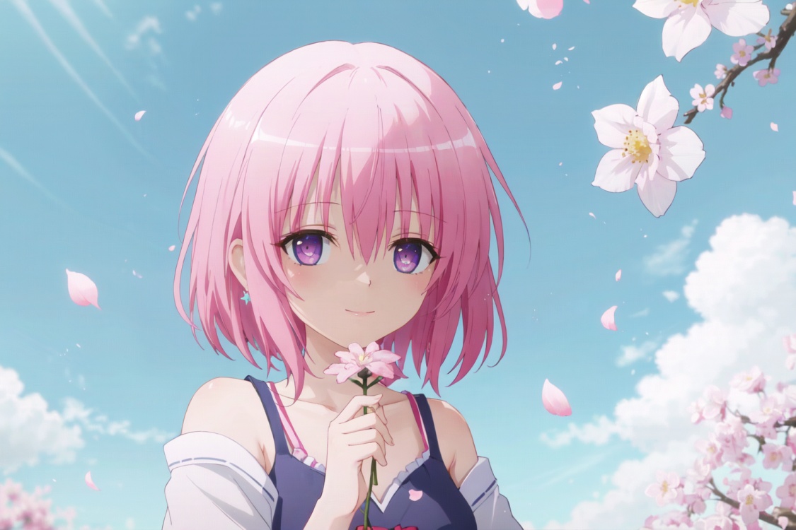 cherry_blossoms,falling_petals,petals,branch,pink_flower,1girl,blue_sky,spring_\(season\),petals_on_liquid,flower,hanami,dress,pink_hair,solo,day,sky,short_hair,outdoors,cloud,bangs,smile,pink_eyes,white_dress,bare_shoulders,earrings,breasts,holding_flower,wind,tree,looking_at_viewer,cowboy shot,