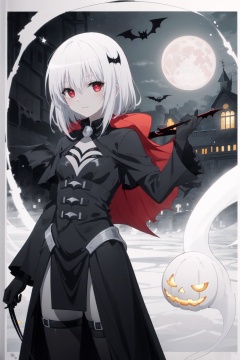 ((masterpiece:1)),(((best quality))),illustration,extremely detailed 8k wallpaper,colorful, 1girl,white hair,red eyes,shining eyes, (ghost) beautiful and detailed cloudy sky,castle,bat (animal),(halloween:1.1),full red moon,Beautiful and detailed black,(jack-o'-lantern:0.8) (Abstract Art:1.35),(flat color:1.3),(high contrast:1.3),happy halloween,(candy:1.2) , wansheng
