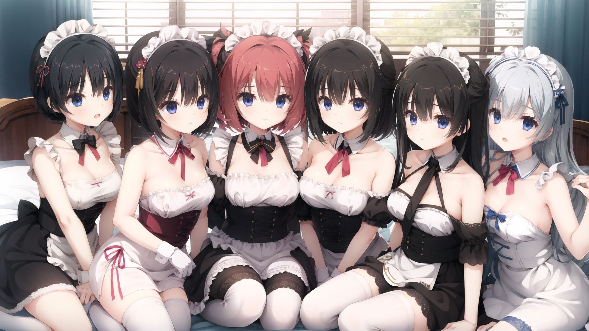 Six girls,  all in maid costumes lying on the bed,  white stockings on Tensor.Art