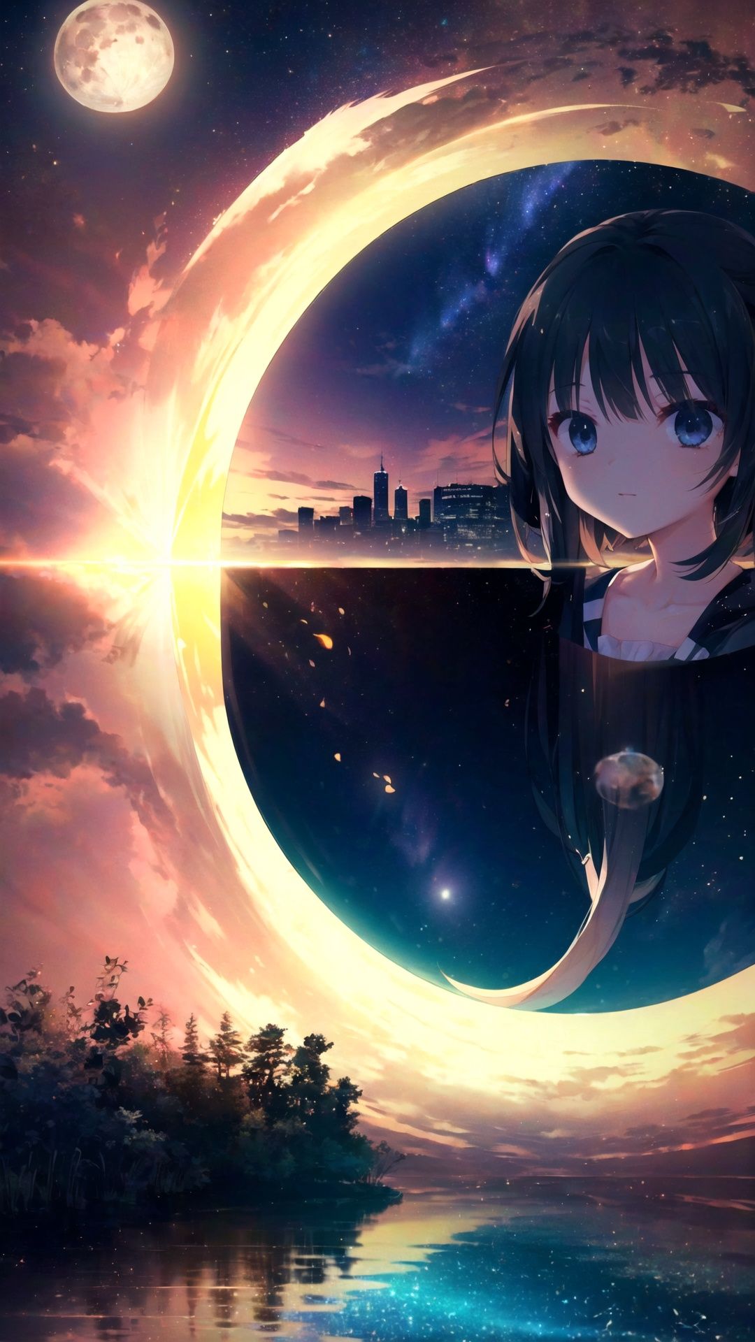(Highest picture quality), (Master's work),(Detailed eyes description),(Detailed face description),(Milky Way,Jupiter,Aldebaran behind the girl),bubble, fantastic,girl in star,full body,
water surface,the water stretches as far as the eye can see.
1girl, (loli,little girl:1.25),wariza,
aurora, cloud, cloudy_sky, constellation, crescent_moon, dusk, earth_\(planet\), fireflies,full_moon, galaxy, gradient_sky, horizon, light_particles,(planet),(reflection),skyline,space,sunset,water surface reflection